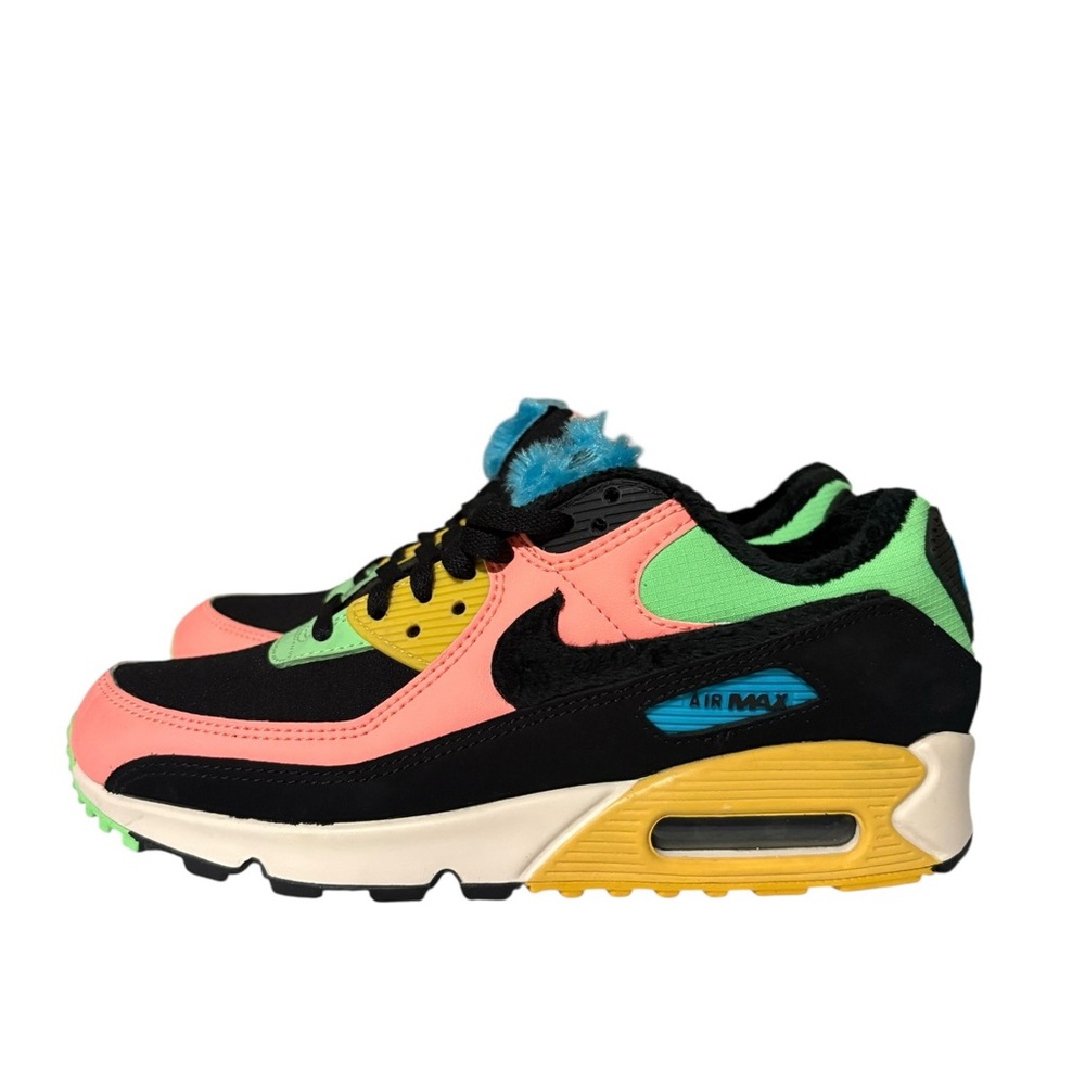 Nike Air Max 90 Multi-Color Faux Fur Black Pink Green CT1891-600 Womens Size 7